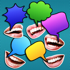 Contemporary art collage with smiling mouths and speech bubbles on halftone popart background. Social media, gossip, intrigue, scandals, tabloids concept. Trendy urban magazine style.