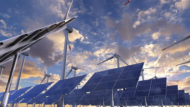 Renewable energy production with alternative energy sources on the ecology clean electricity farm. Solar panel cells with spinning windmill turbine generators against cloudscape dawn sky, 3d animation