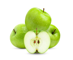 Green Apple on White Background with water drop in Full Depth of Field