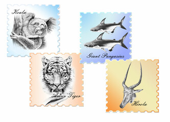 Decorative background with disappearing animals on postcards. Close-up, pastel colors and graphic drawings. Patterns are created from randomly scattered postcards.