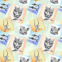 Decorative background with disappearing animals on postcards. Close-up, pastel colors and graphic drawings. Patterns are created from randomly scattered postcards.