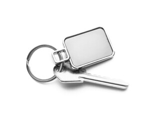 Stylish square keychain with key on white background