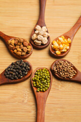 Fototapeta na wymiar various dried types of bean and pea in wooden spoon.