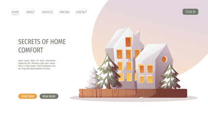 Decorative lamp houses with Christmas tree. Merry Christmas, cozy winter, New Year, home comfort, holidays concept. Vector illustration for poster, banner, website, cover.