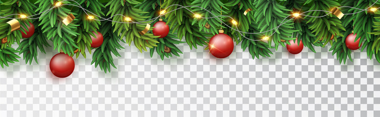 Christmas horizontal seamless frame with fir branches, diode garland and red Christmas toys and falling candy isolated on a transparent background © Ann_Sereda