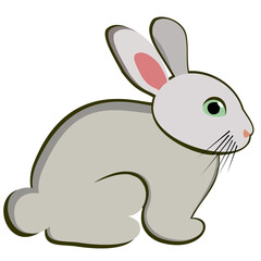 Vector isolated illustration of gray rabbit with green eyes, moustache, pink nose and ears.