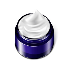 Open round dark blue glass jar of men skin care cream, realistic vector illustration. Male skincare product. Template for design