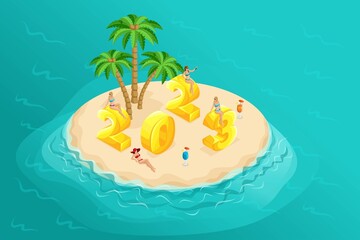 3D isometry calendar of 2023, an island in the sea with palm trees, beautiful girls decorate the numbers of 2023. High-quality illustration for advertising