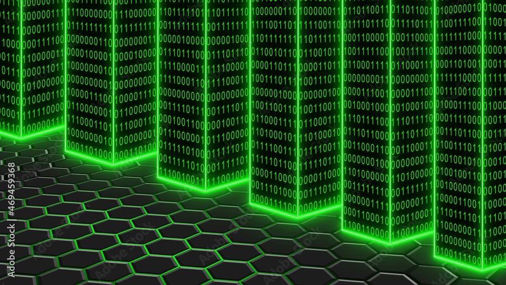 Poster abstract green technology background - illuminated pillars of binary code over honeycomb surface - 3