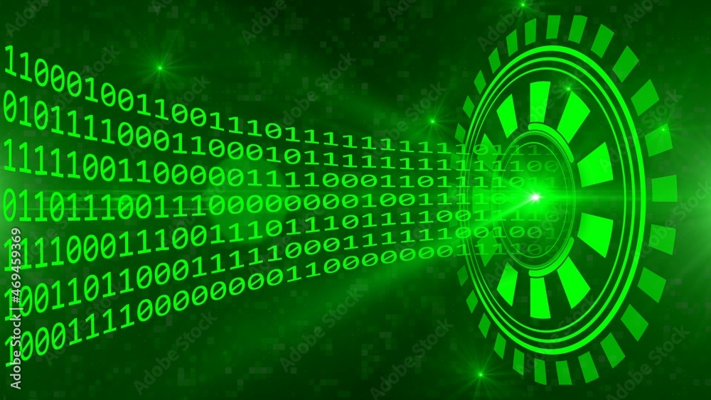 Poster Abstract green technology background - rays of binary code centered into HUD elements on background with blurred squares - 3D illustration