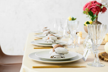 Beautiful table setting for wedding celebration in restaurant