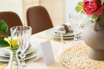 Beautiful table setting for wedding celebration in restaurant