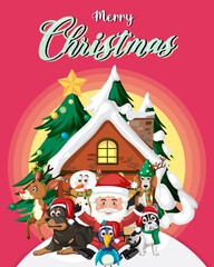 Merry Christmas poster template with Santa Claus and friends