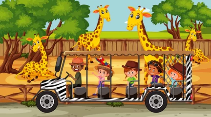Schilderijen op glas Safari scene with many giraffes and kids on tourist car © brgfx