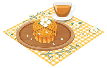 Flower mooncake with teacup set on tablecloth