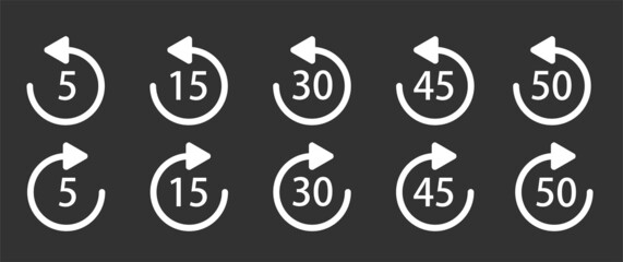 WebRepeat 5, 15, 30, 45 seconds simple icons on black. Replay icon for application and web or Media player.