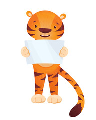 Vector illustration of a cute tiger cub stands with a banner isolated on a white background. Chinese New Year of the Tiger. Cute tyrgra character in cartoon style.
