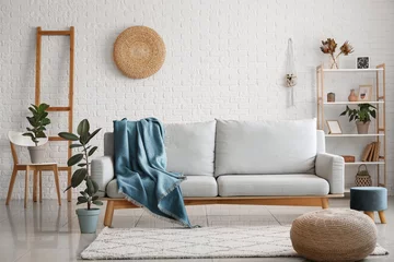 Fotobehang Boho Sofa and houseplants in modern stylish interior of living room  © Pixel-Shot