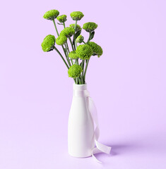 Vase with green chrysanthemum flowers on lilac background