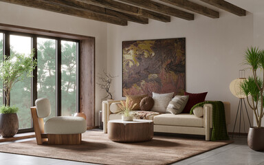 Interior design of modern apartment with large wood window, cozy sofa and rafter ceiling, 3d render 