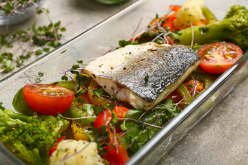 baking dish of tasty sea bass fish with vegetables on grey background, closeup