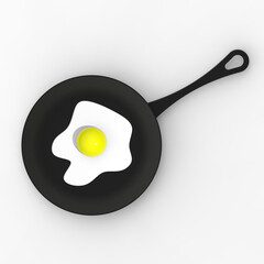 fried egg in a frying pan on a white background. top view of the frying device. chicken egg is cooked in a brazier. square image. 3d image. 3d rendering.