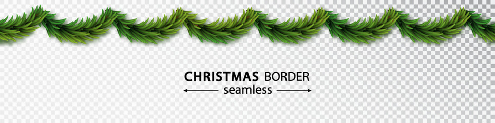 Christmas garland of branches with red new balls and falling snow isolated on transparent background. Seamless banner, can be extended to desired size © Ann_Sereda