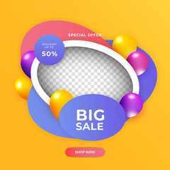 Modern sale post template design background with 3d balloon. Flash, Christmas, Valentine, New Year, Summer sale. Suitable for social media, presentation, flyer, poster, invitation, web internet ads.