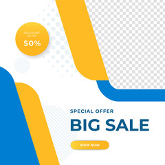Modern blue yellow sale post template design background. Flash sale, Christmas, Valentine, New Year, Summer sale. Suitable for social media, presentation, flyer, poster, invitation, web internet ads.