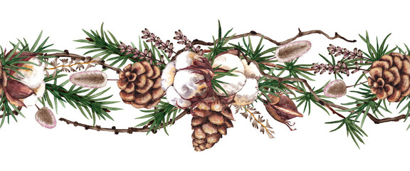 Seamless border of cotton branches, pine branches, twigs and dried wild plants. Winter holiday floral decor. Watercolor hand painted isolated element on white background.