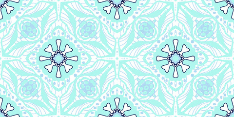 Ethnic Vector Floral Geo Boho. Turquoise Graphic Decoration. Pillowcase Hippie Geometric. Aqua Tapestry Hand made. Scarf Bohemian Trendy. Turquoise Abstract Design.