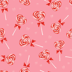 Sugar candy lollypop vector seamless pattern. Confectionery romantic treats surface design. Valentines day desserts background.
