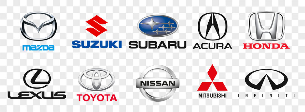 Collection of Japanese car logos. Japanese cars. Cars logos isolated. Mazda, Honda, Mitsubishi, Toyota, Nissan, Subaru, Suzuki, Acura, Lexus, Infiniti