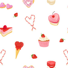 Cake Cupcake Macaron Candy Ice cream Strawberry vector seamless pattern. Romantic bakery treats surface design. Valentines day desserts background.