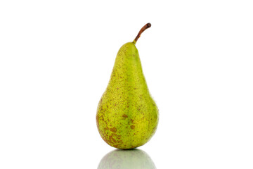 One ripe sweet pear, close-up, isolated on white.