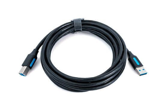USB Cable for Printer or Scanner, High speed cable cord USB type A male to B male isolated on white background.