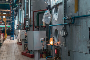 Interior view from sugar beet Factory, Huge size of process turbines and high scale of industrial site.