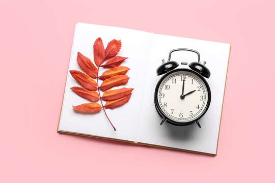 Alarm clock, notebook and autumn leaves on color background