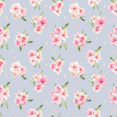 Fototapeta na wymiar Watercolor seamless pattern with pink flowers. Garden style texture for wrapping paper or textiles