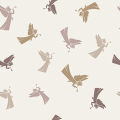 Seamless pattern with Christmas angel on a pastel beige background, vector illustration