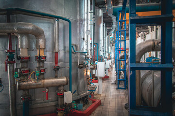 Interior view from sugar beet Factory, Huge size of process turbines and high scale of industrial site.