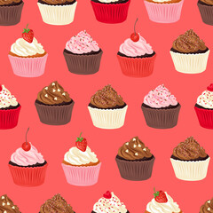 Cupcake Sprinkles Cherry Strawberry vector seamless pattern. Romantic bakery treats surface design. Valentines day desserts background.