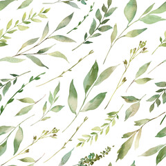 Seamless watercolor pattern with with green twigs. Repeating illustration isolated on a white background, can be used as a background, wrapping paper, textile or wallpaper.