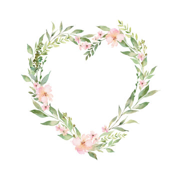 Graceful heart-shaped frame decorated with watercolor flowers and leaves. Festive composition for a greeting card or your design.