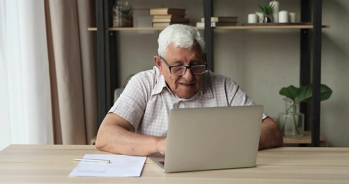 Active Older Male Pc User Beginner Explore Wide Opportunities Of Cyberspace Learn To Use Handy Web Services Feel Excited Achieving Goal. Happy Mature Man Enjoy Study Modern Computer Tech On Retirement