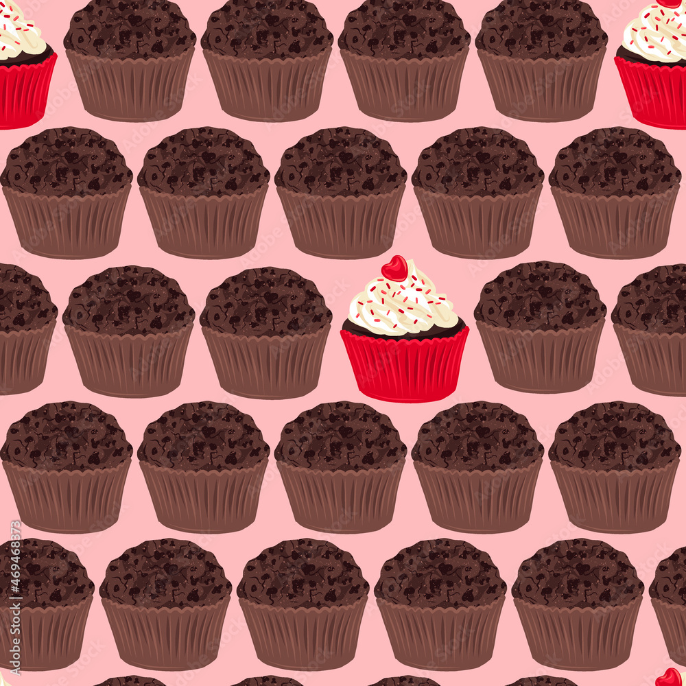 Wall mural cupcake muffin vector seamless pattern. romantic bakery treats surface design. valentines day desser