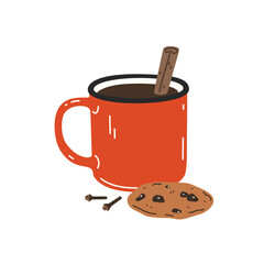 Warming drink with cinnamon stick and chocolate chip cookie in a red enamel mug