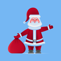 Vector illustration with Santa Claus with a big bag of gifts, in bright red clothes, with a luxurious beard, who greets us with his hand..