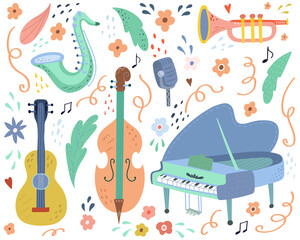 Hand drawn Musical instrument set flat illustration . Music print.
