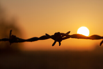 Fototapeta na wymiar Orange sunset with barbed wire close up